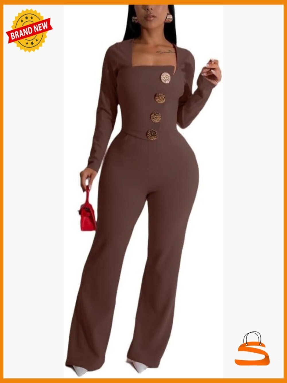 High Waisted Wide Leg Jumpsuit Button Front Mock Neck Puff Sleeve - Picture 1 of 4